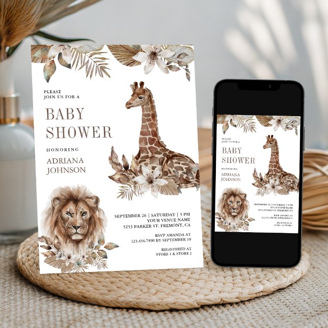 Convites Rustic Boho Safari Lion and Giraffe Baby Shower (Criador carregado)