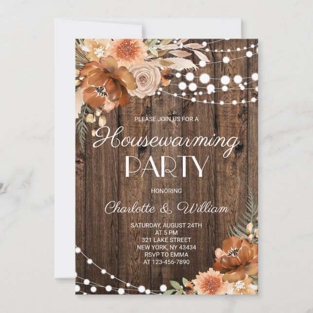 Convites Rustic Boho Terracotta Floral Housewarming Party (Frente)