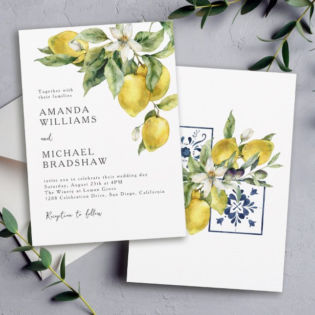 Convites Rustic Boho Watercolor Lemons Citrus Casamento (Available in both printed and digital download formats.)