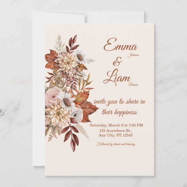 Convites Rustic Boho Wedding Invitation | Beige Floral Card (Frente)