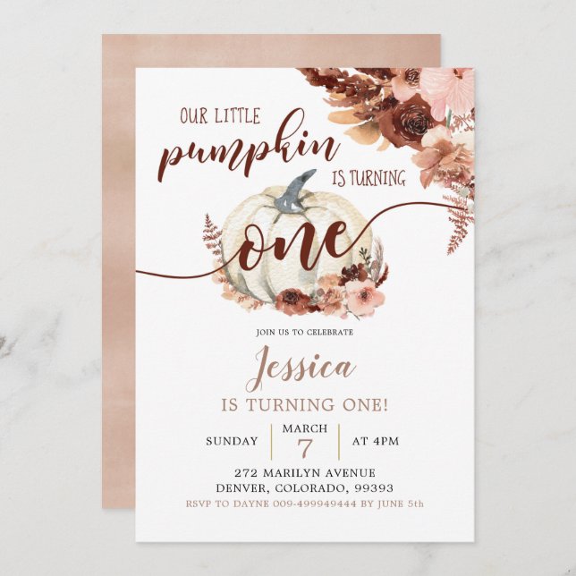 Convites Rustic Boho White Pumpkin Primeiro Aniversário (Frente/Verso)