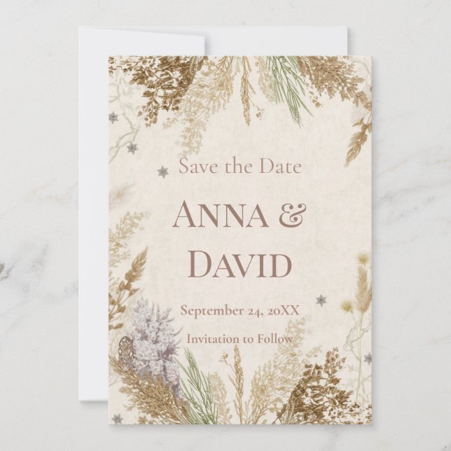Convites Rustic Boho Winter Save the Date with Pampas Grass (Frente)