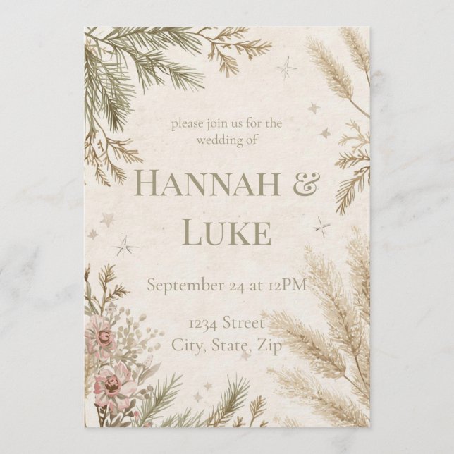 Convites Rustic Boho Winter Wedding Invitation with Snow (Frente)