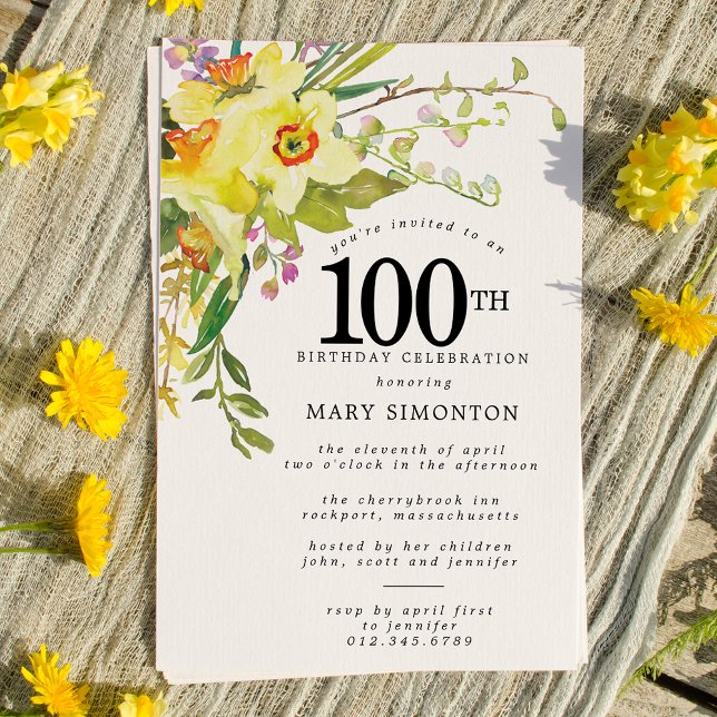 Convites Rustic Boho Yellow Daffodil 100º Aniversário (Criador carregado)
