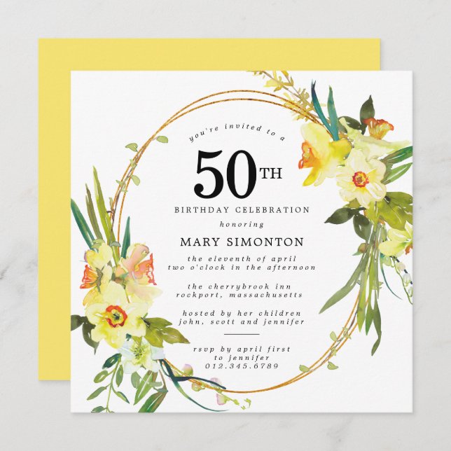 Convites Rustic Boho Yellow Daffodil 50º Aniversário (Frente/Verso)
