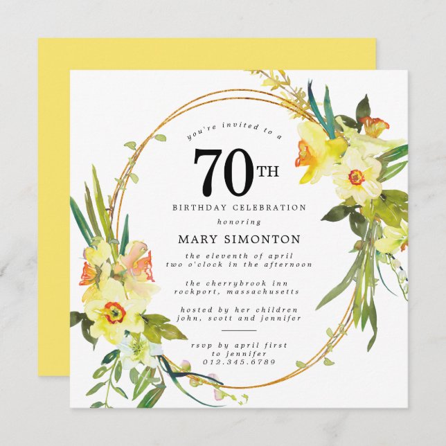 Convites Rustic Boho Yellow Daffodil 70 Aniversário (Frente/Verso)