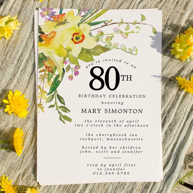 Convites Rustic Boho Yellow Daffodil 80 Aniversário (Criador carregado)