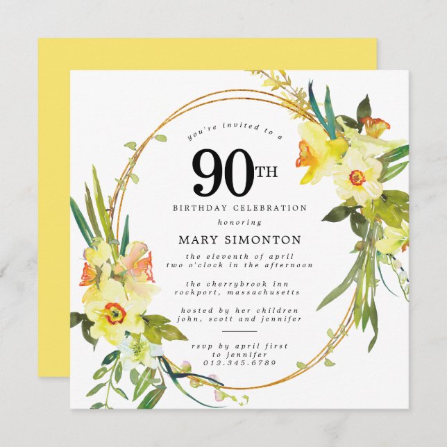 Convites Rustic Boho Yellow Daffodil 90 Aniversário (Frente/Verso)