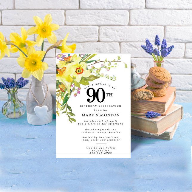 Convites Rustic Boho Yellow Daffodil 90 Aniversário (Criador carregado)