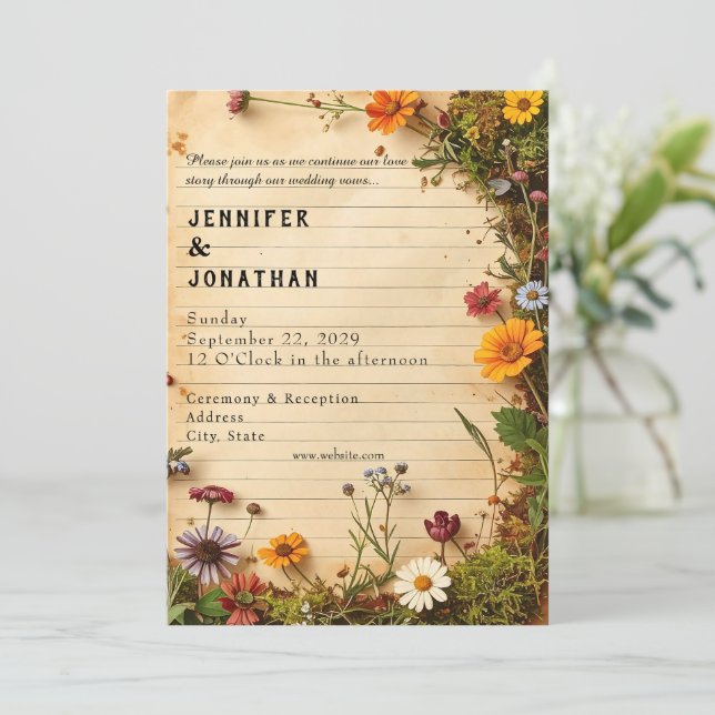 Convites Rustic Book Lovers Print Floral Wedding Invitation (Em pé/Frente)