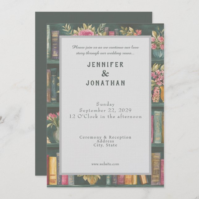 Convites Rustic Book Lovers Print Floral Wedding Invitation (Frente/Verso)