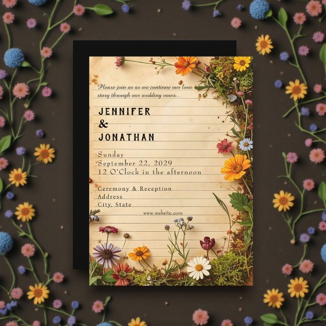 Convites Rustic Book Lovers Print Floral Wedding Invitation (Criador carregado)