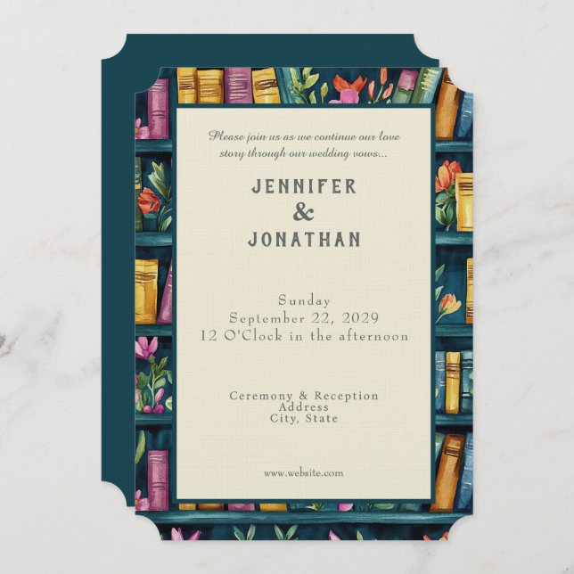 Convites Rustic Book Lovers Print Wedding Invitation (Frente/Verso)
