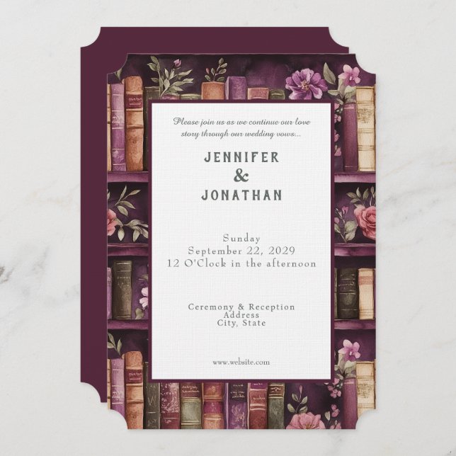 Convites Rustic Book Lovers Print Wedding Invitation (Frente/Verso)