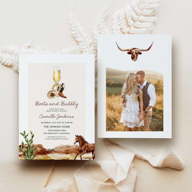 Convites Rustic Boots and Bubble Country Chá de panela (Western Boots and Bubbly Country Bridal Shower Invitation)