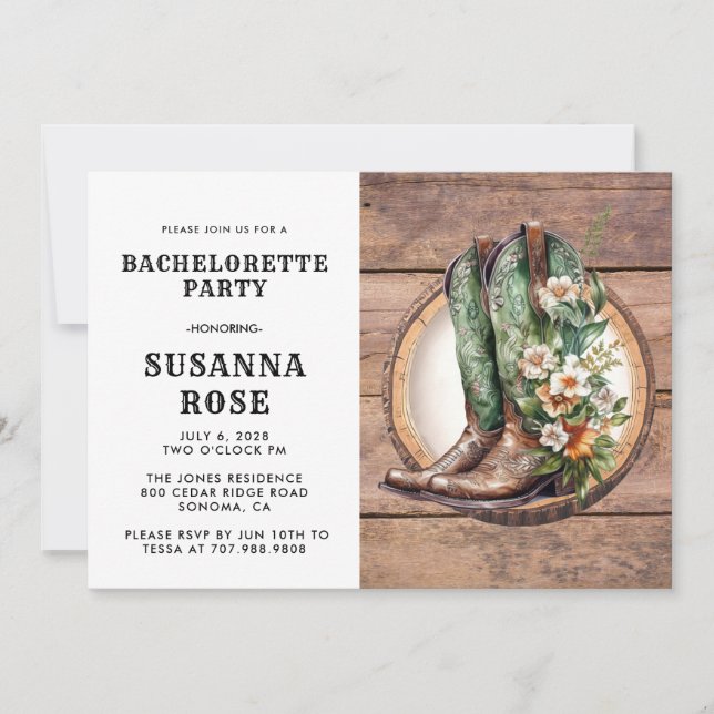 Convites Rustic Boots Bachelorette Party (Frente)