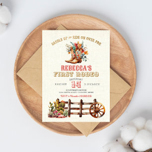 Convites Rustic Boots Cowgirl 1st Rodeo Birthday Invitation