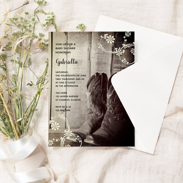 Convites Rustic Boots Flowers Country Western Chá de fralda (Criador carregado)
