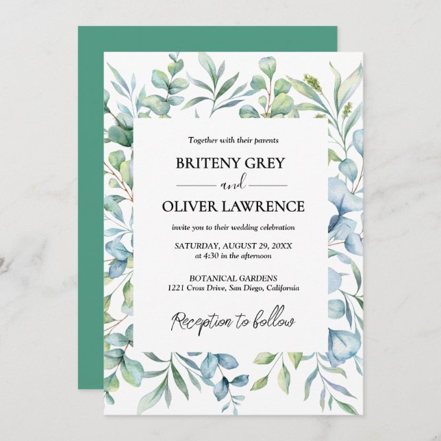 Convites Rustic Botanical Eucalyptus Greenery Wedding (Frente/Verso)