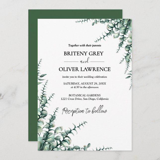 Convites Rustic Botanical Eucalyptus Greenery Wedding (Frente/Verso)