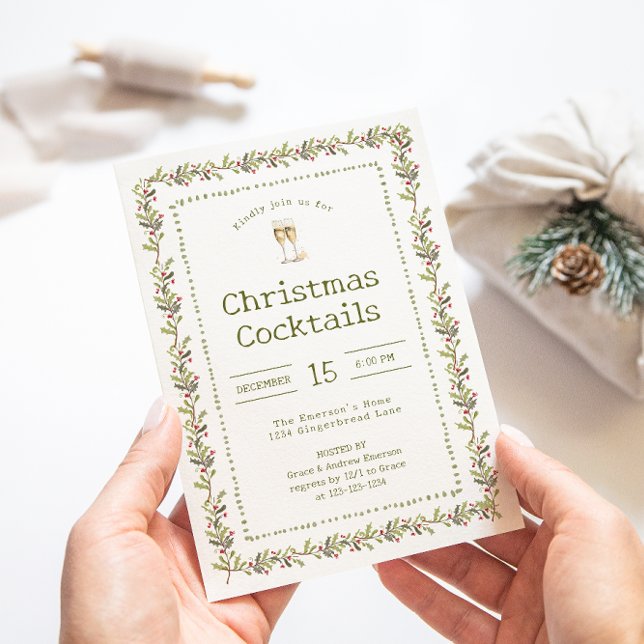 Convites Rustic Botanical Green Christmas Party Invitation (Rustic Botanical Green Holiday Christmas Party Cocktails Invitation by Painted Paperie
)