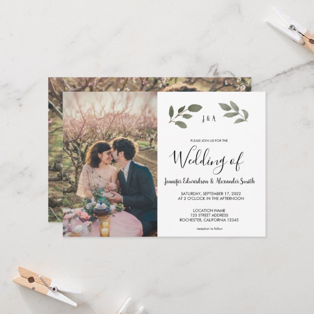 Convites Rustic botanical monogrammed photo Wedding (Frente/Verso In Situ)