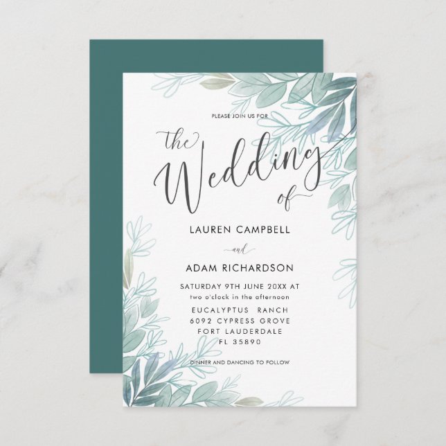Convites Rustic Botanical Sage Green & Teal Wedding Invit (Frente/Verso)