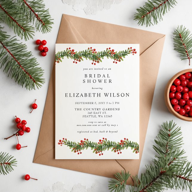 Convites Rustic Boughes do Chá de panela de Natal Holly (Rustic Boughs of Holly Christmas Bridal Shower Invitation)