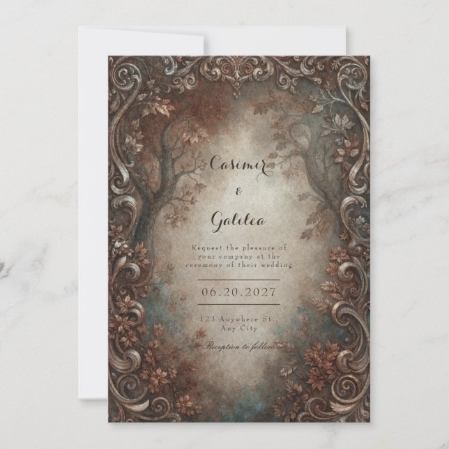 Convites Rustic Bronze Filigree Autumn Forest Wedding (Frente)