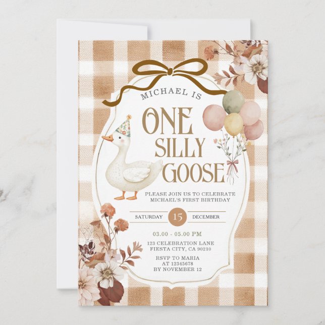 Convites Rustic Brown Gingham One Silly Goose Birthday  (Frente)