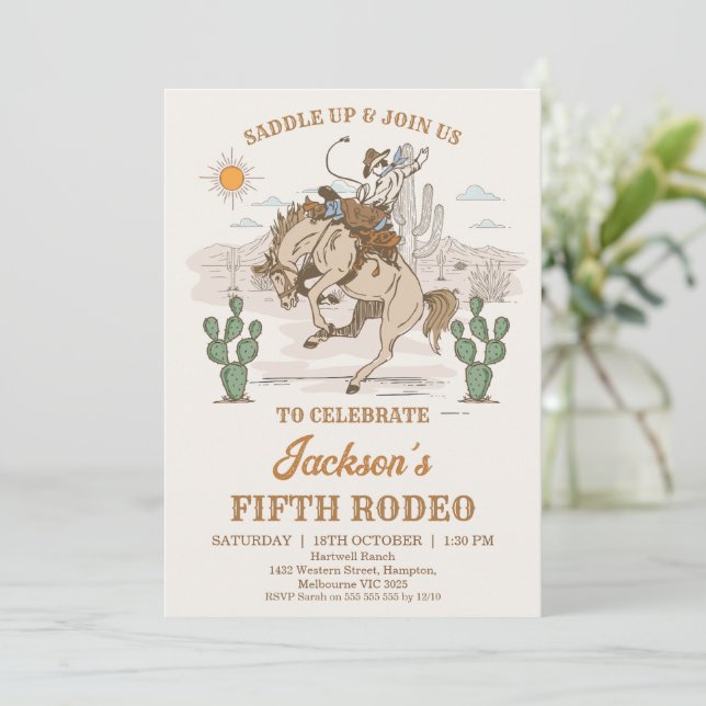 Convites Rustic Brown Green Bronco Cowboy Rodeo Birthday (Em pé/Frente)