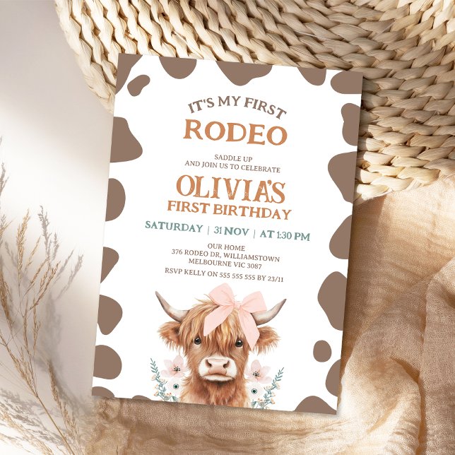 Convites Rustic Brown Highland Cow First Rodeo 1st Birthday (My First Rodeo Birthday Invitation, 1st Birthday Invitation Rodeo, Girl 1st Birthday Invitation )
