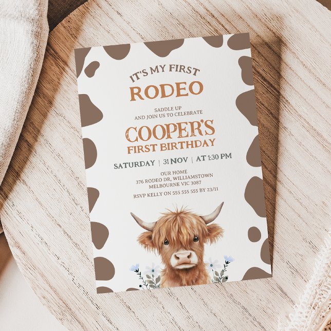 Convites Rustic Brown Highland Cow First Rodeo Birthday (First Rodeo First Birthday Invitation, Highland Cow 1st Birthday Invitation, Boy 1st Birthday Invite)