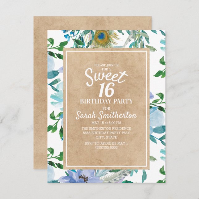 Convites Rustic Brown Kraft Blue Floral Sweet 16 (Frente/Verso)