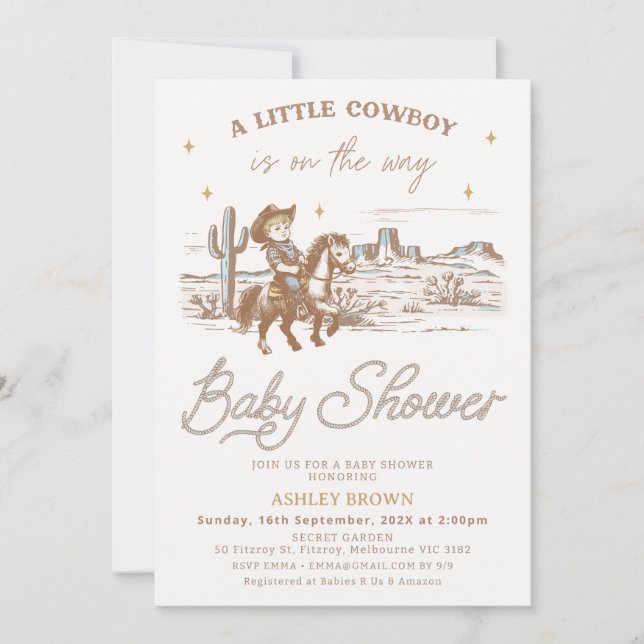 Convites Rustic Brown Western Little Cowboy Baby Shower (Frente)