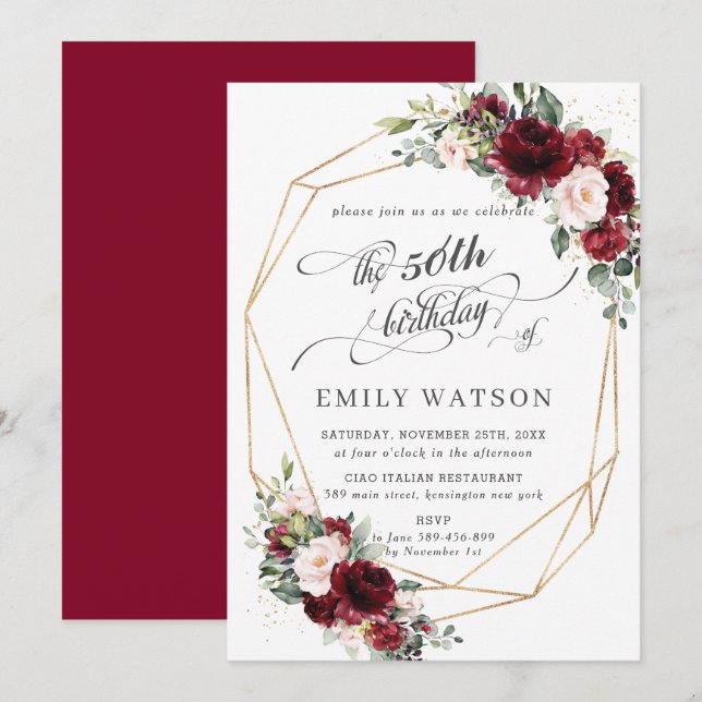 Convites Rustic Burgundy Blush Floral Birthday Geométrico (Frente/Verso)