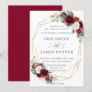 Convites Rustic Burgundy Blush Floral Casamento Geométrico