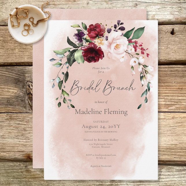 Convites Rustic Burgundy & Blush Pink Roses Bridal Brunch (Rustic Burgundy & Blush Pink Roses Bridal Brunch Invitation)