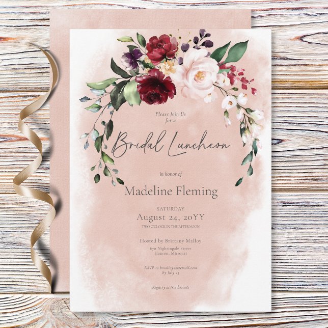 Convites Rustic Burgundy & Blush Pink Roses Bridal Luncheon (Rustic Burgundy & Blush Pink Roses Bridal Luncheon Invitation)