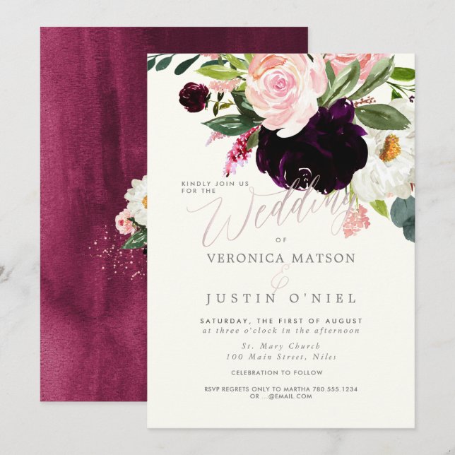 Convites Rustic Burgundy+Blush Watercolor Flowers (Frente/Verso)