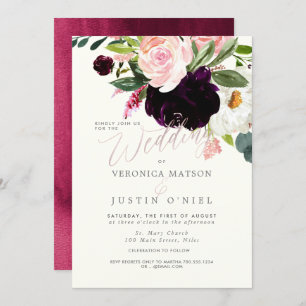 Convites Rustic Burgundy+Blush Watercolor Flowers