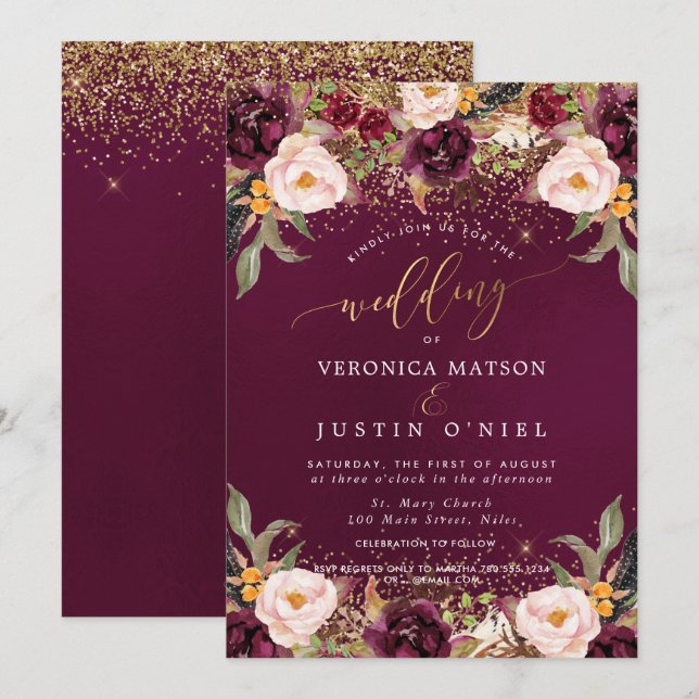 Convites Rustic Burgundy+Blush Watercolor Flowers (Frente/Verso)