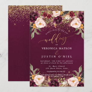 Convites Rustic Burgundy+Blush Watercolor Flowers