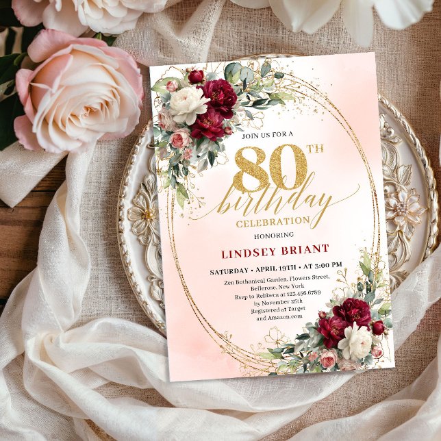 Convites Rustic Burgundy Boho Flowers 80th Birthday Invites (Rustic Burgundy Boho Flowers 80th Birthday Invitation)