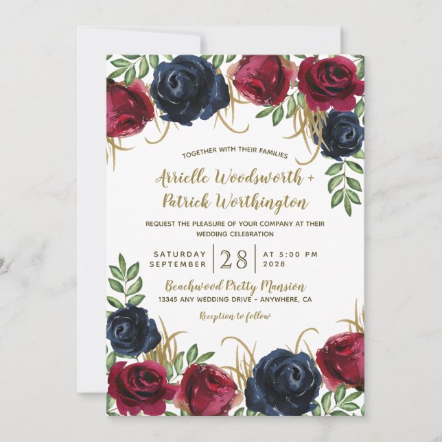 Convites Rustic Burgundy e Marinho Blue Wedings Invtions (Frente)
