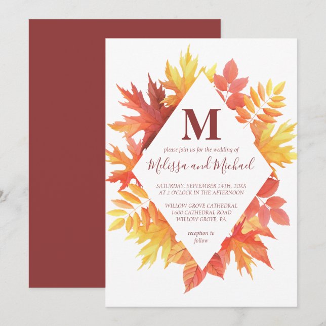 Convites Rustic Burgundy e Orange Fall deixam casamento (Frente/Verso)