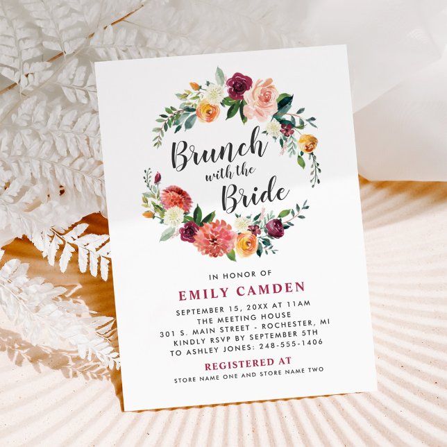 Convites Rustic Burgundy Fall Floral Wreath Bridal Brunch (Criador carregado)