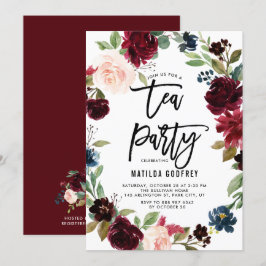 Convites Rustic Burgundy Floral Frame Autumn Tea Party