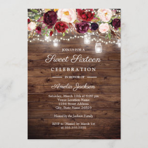 Convites Rustic Burgundy Floral Luzes 16º Doce Dezesseis