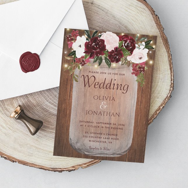 Convites Rustic Burgundy Floral Mason Jar Wedding (Criador carregado)